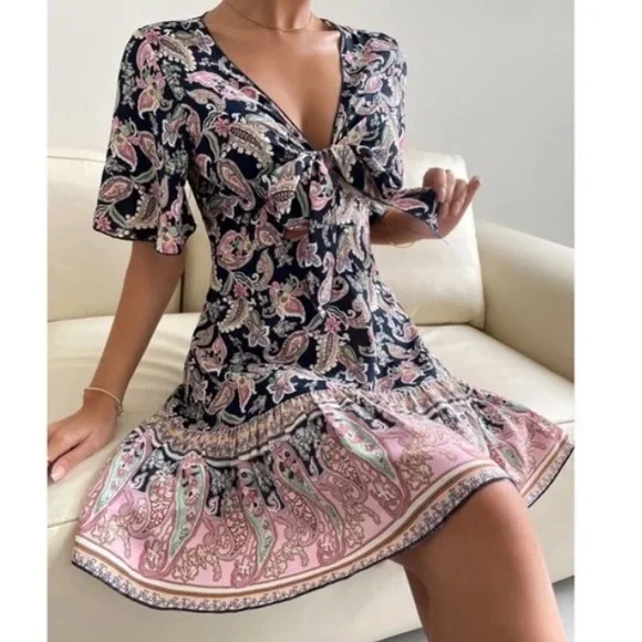 Boho navy Floral Paisley Print Butterfly Sleeve Mini Dress - Picture 6 of 12